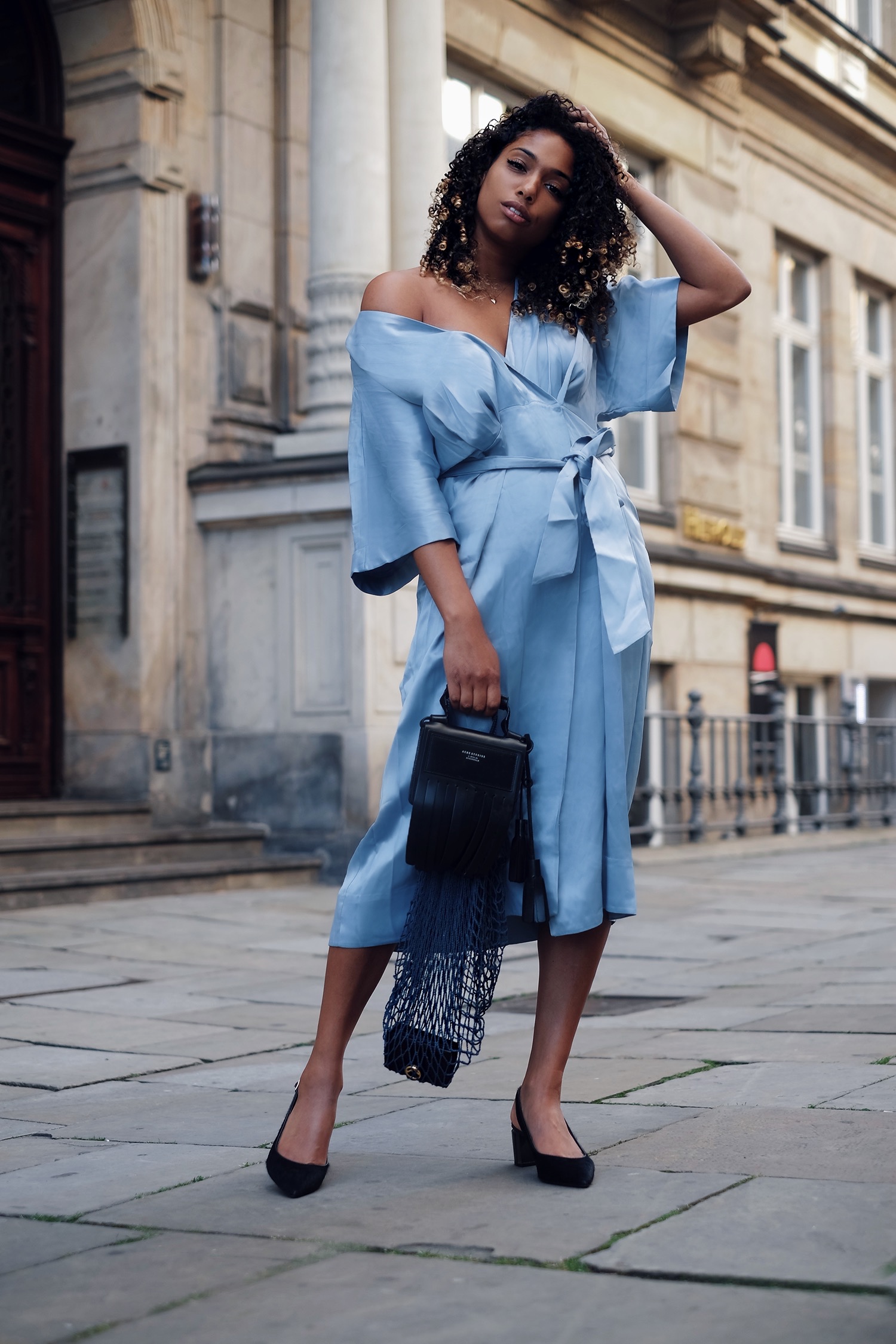 light blue dress, net bag and sling pump - late summer mix.